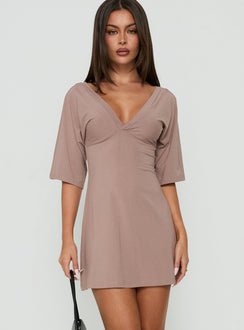 Reyya 3/4 Sleeve V Neck Mini Dress Taupe