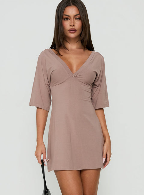 Reyya 3/4 Sleeve V Neck Mini Dress Taupe