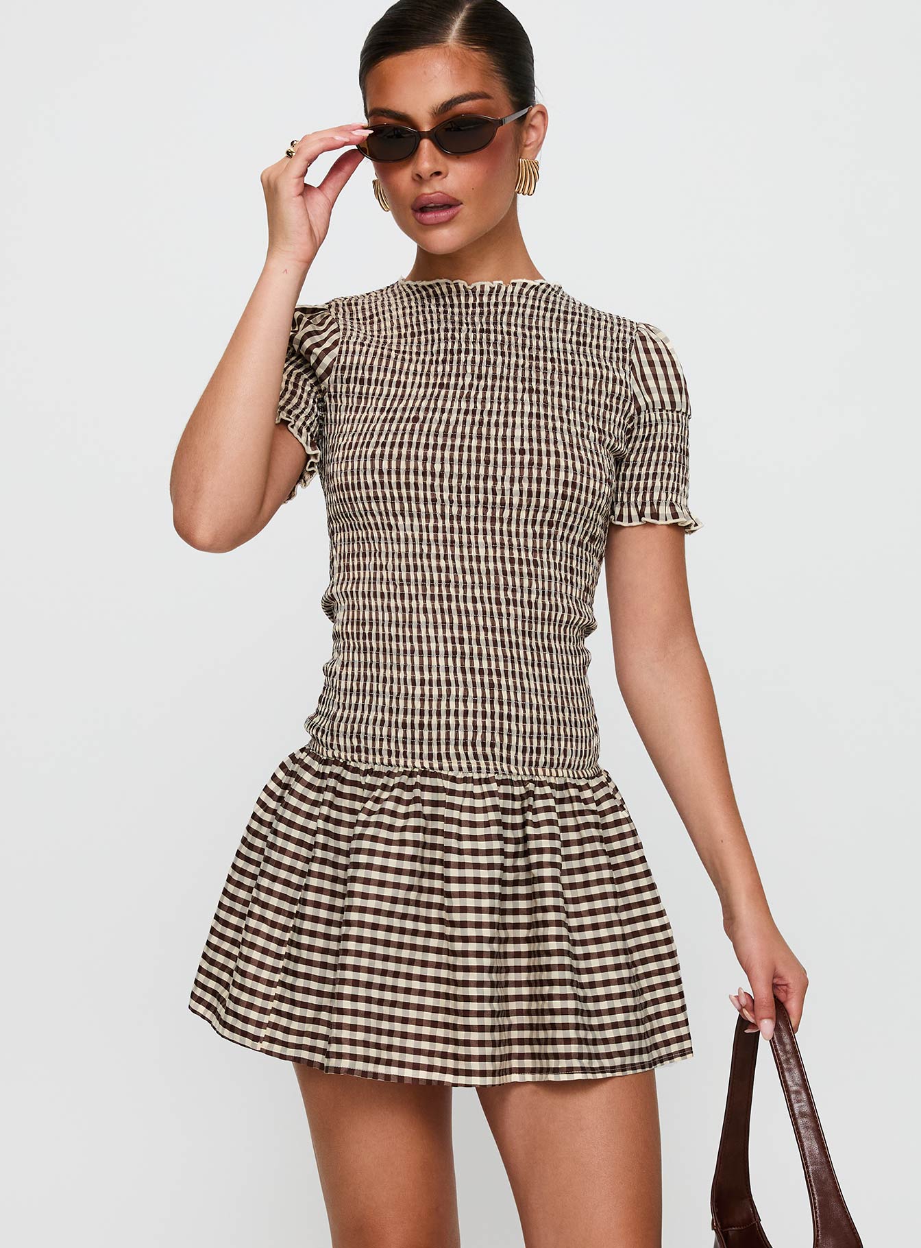 Laurita Shirred Mini Dress Brown Check | Princess Polly