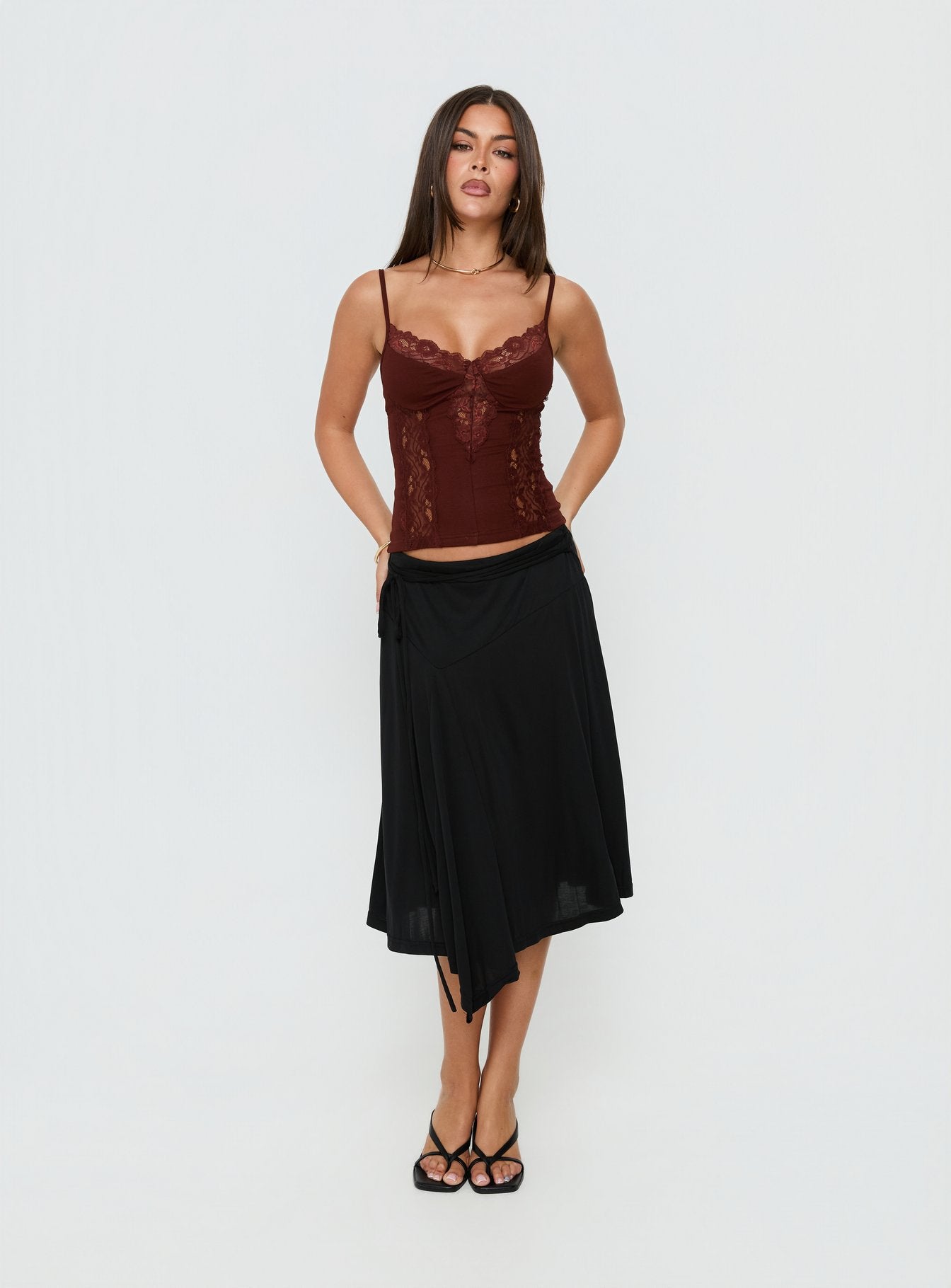 Rhiara Lace Trim Top Chocolate | Princess Polly