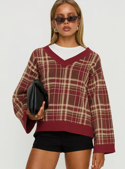 front view of model wearing Princess Polly Sydda V Neck Knit Sweater Red Plaid Cropped Jumpers 