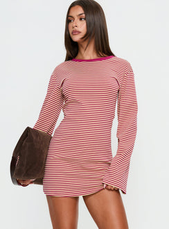 Lulolah Long Sleeve Mini Dress Lemon / Burgundy Stripe