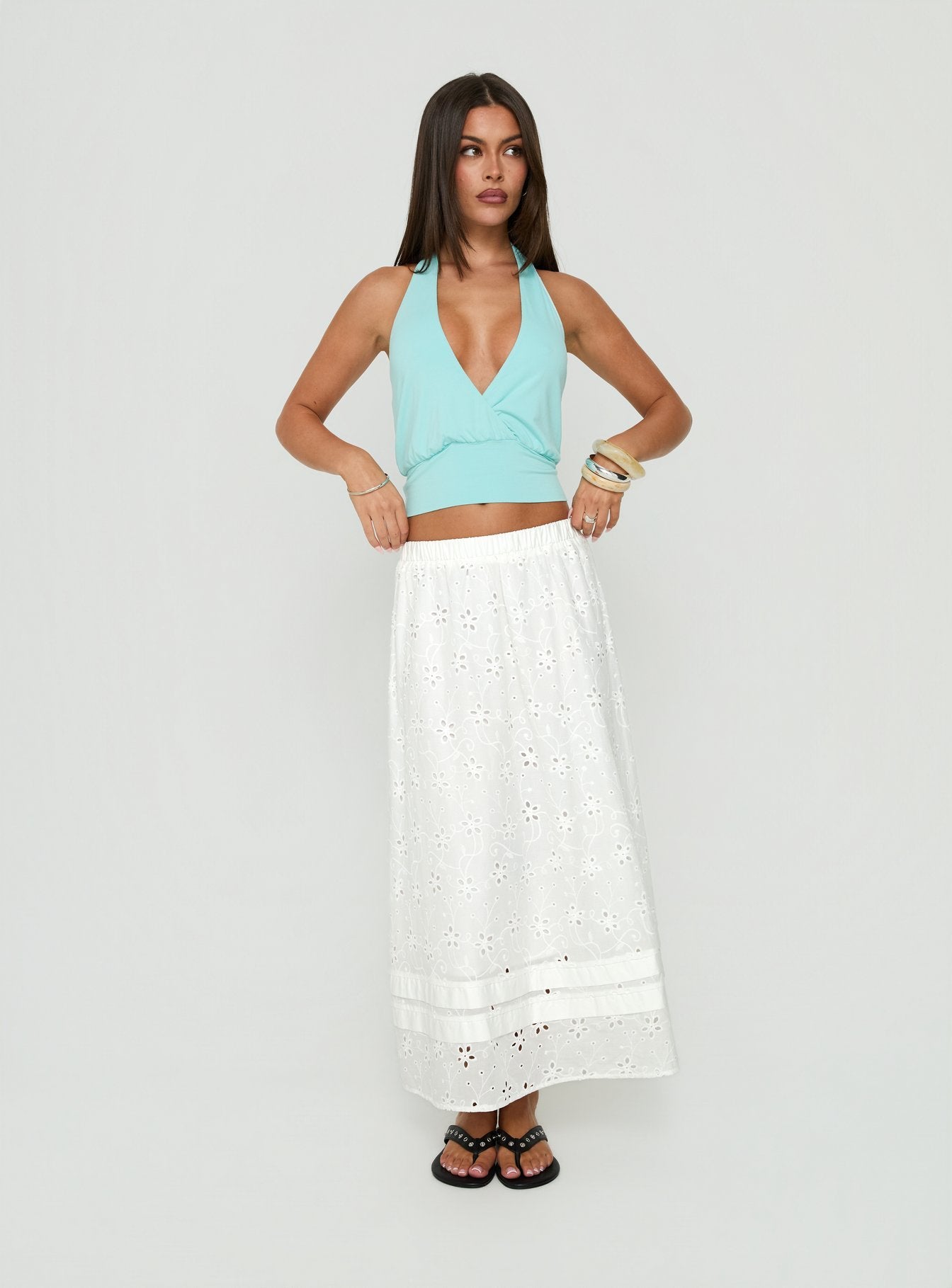 Isolie Tiered Maxi Skirt White Anglaise
