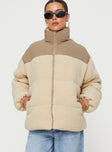 Oversized teddy puffer jacket High neck, twin hip pocket, zip fastening at front