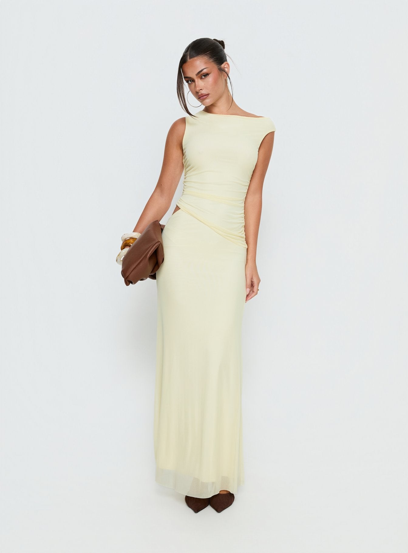 Krystyna Off Shoulder Ruched Mesh Maxi Dress Butter | Princess Polly Krystyna Off Shoulder Ruched Mesh Maxi Dress Butter | Princess Polly