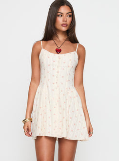 front view of model wearing Princess Polly Toulouse Mini Dress Cream / Floral Scoop Neck 