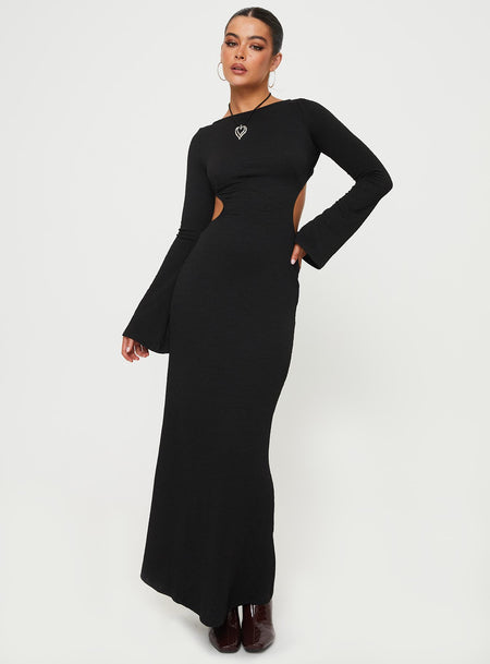 Long sleeve Maxi dress Slim fitting, slightly flared sleeve, open back, textured material Tie fastening at back, brass-tone clasp fastening at back of neck Good stretch, unlined