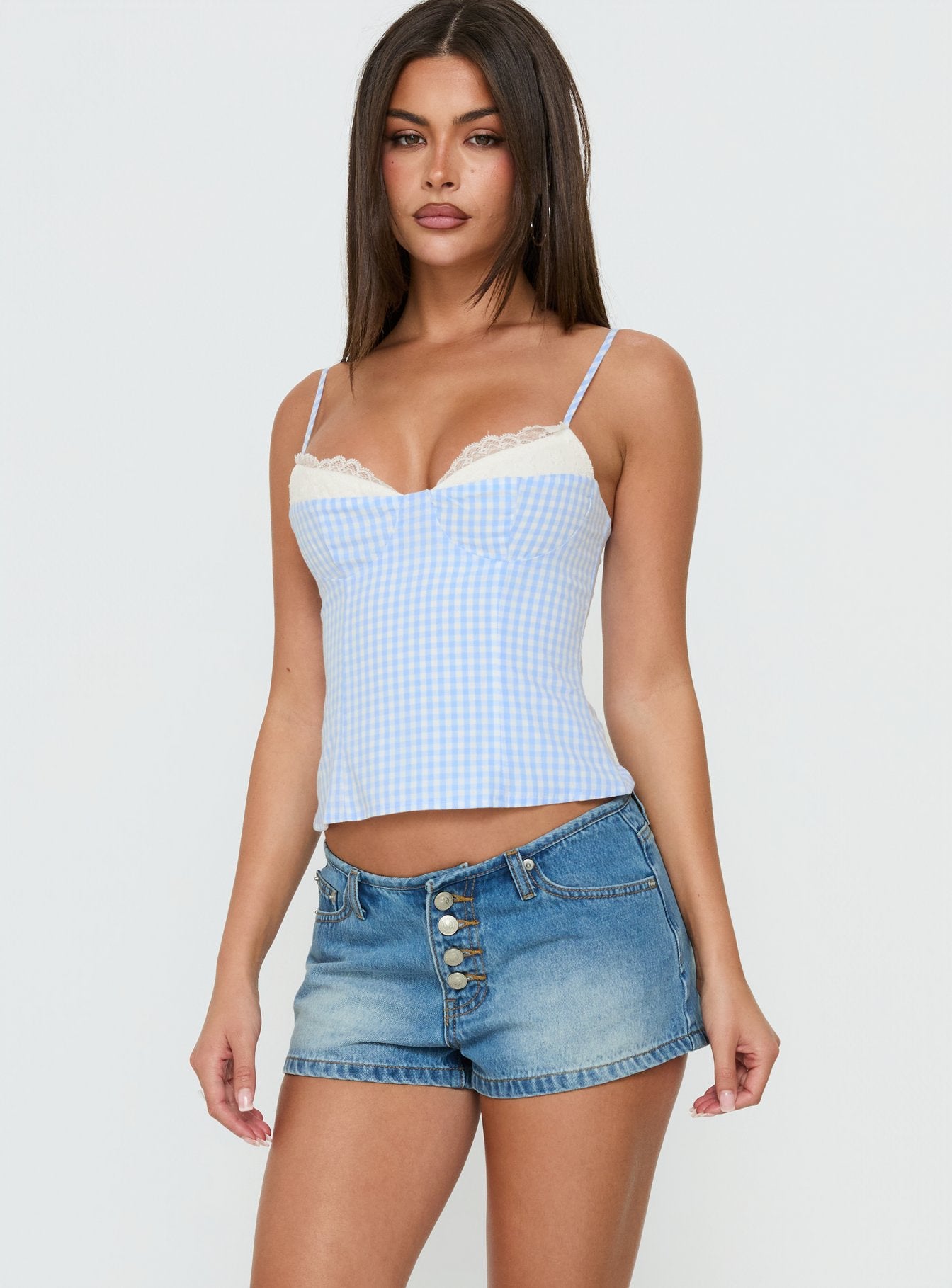Baby Steps Spliced Bust Detail Cami Top Blue Gingham | Princess Polly