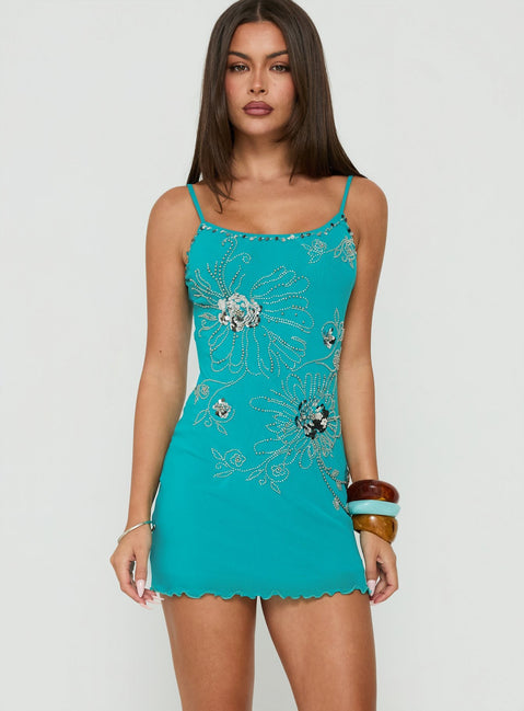 Daphie Beaded Mini Dress Aqua