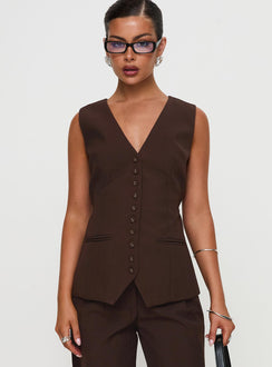 front view of model wearing Princess Polly Ambient Longline Button Up Top Chocolate Sleeveless V-Neck 