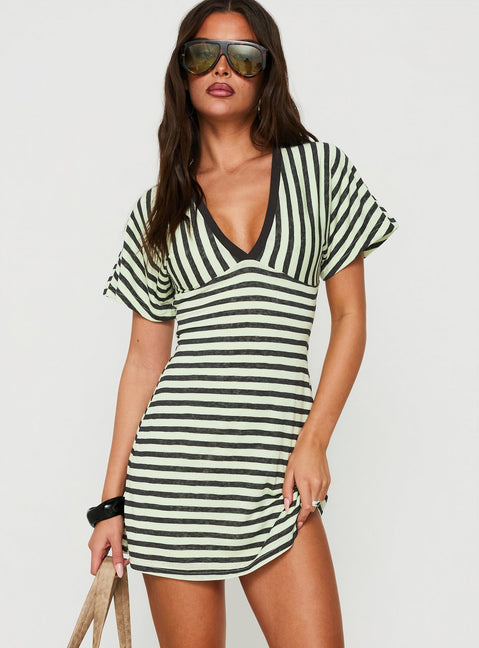 Arialla V Neck Short Sleeve Mini Dress Green / Charcoal Stripe