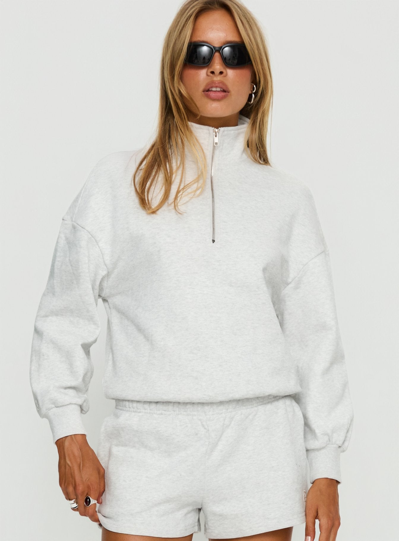 front view of model wearing Princess Polly Rozanna 1/4 Zip Jumper Grey Marle 