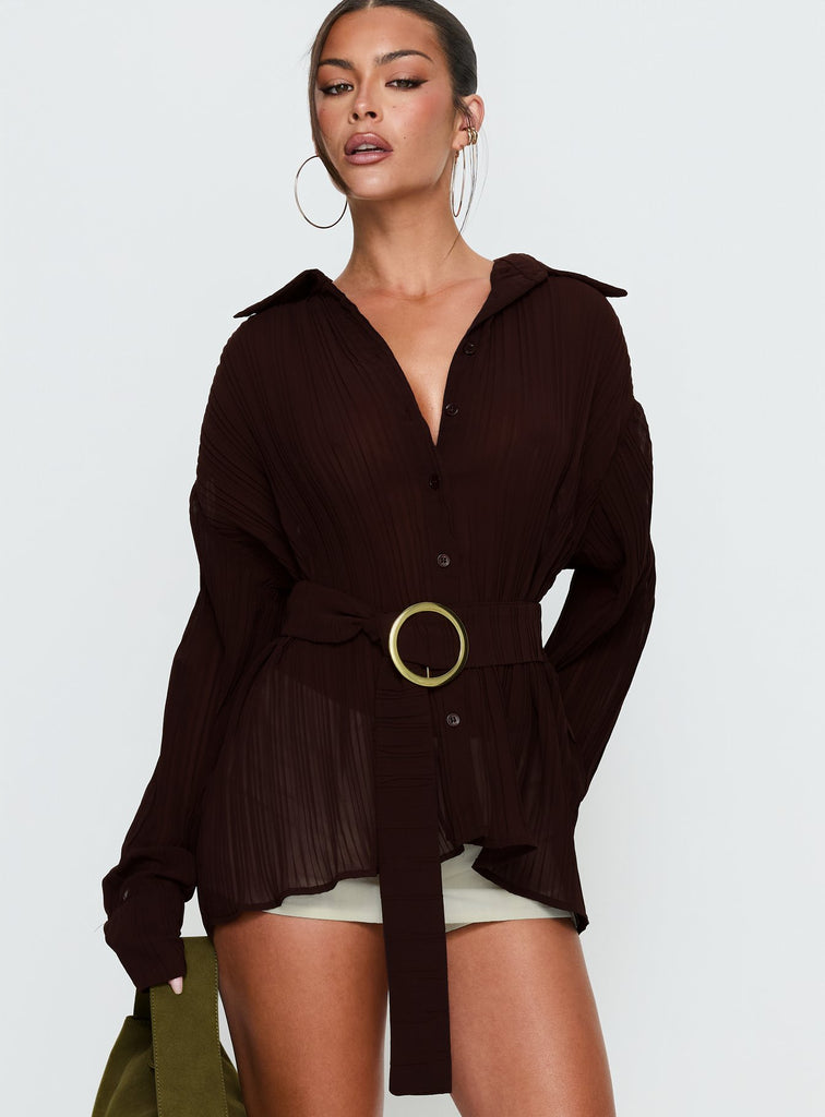 Rhiane Belted Long Sleeve Shirt Chocolate | Princess Polly