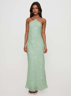 front view of model wearing Princess Polly Zoelle Halter Maxi Dress Sage V-Neck 
