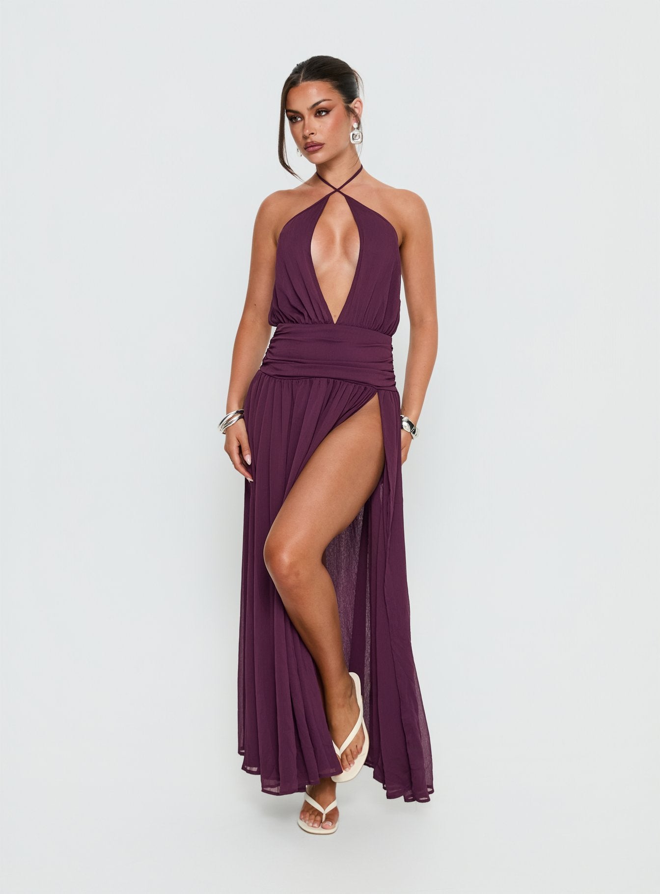 Catherina Blouson Halter Maxi Dress Deep Purple | Princess Polly