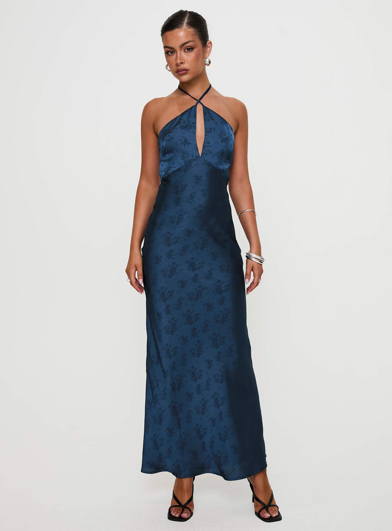 front view of model wearing Princess Polly Limosina Halter Maxi Dress Navy Plunger 