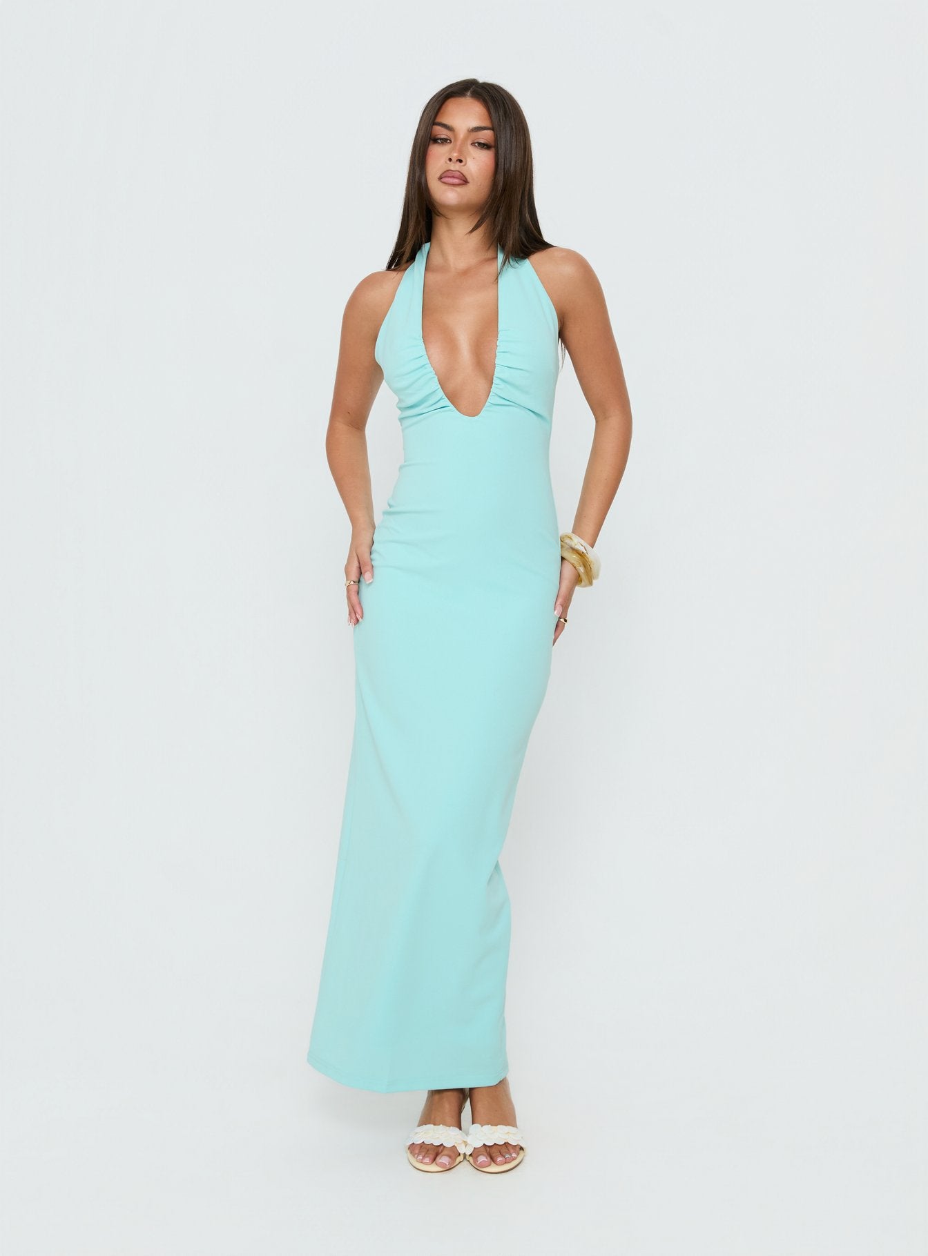 Soft Storm Plunge Halter Maxi Dress | Turquoise | Womens | Princess Polly Soft Storm Plunge Halter Maxi Dress | Turquoise | Womens | Princess Polly