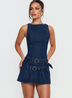 Kainer Denim Buckle Mini Dress | Dark Blue Wash | Womens