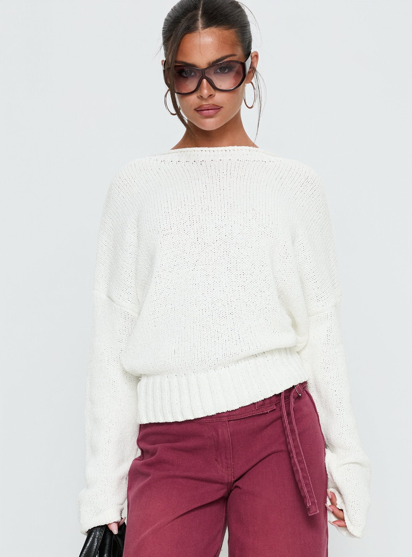 Reannon Wide Neck Knit Sweater White | Princess Polly