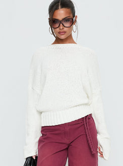 front view of model wearing Princess Polly Reannon Wide Neck Knit Sweater White 