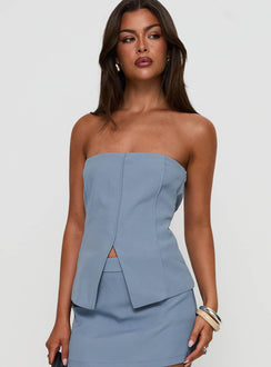 side view of model wearing Princess Polly Lavish Living Strapless Top Blue Sleeveless straight 