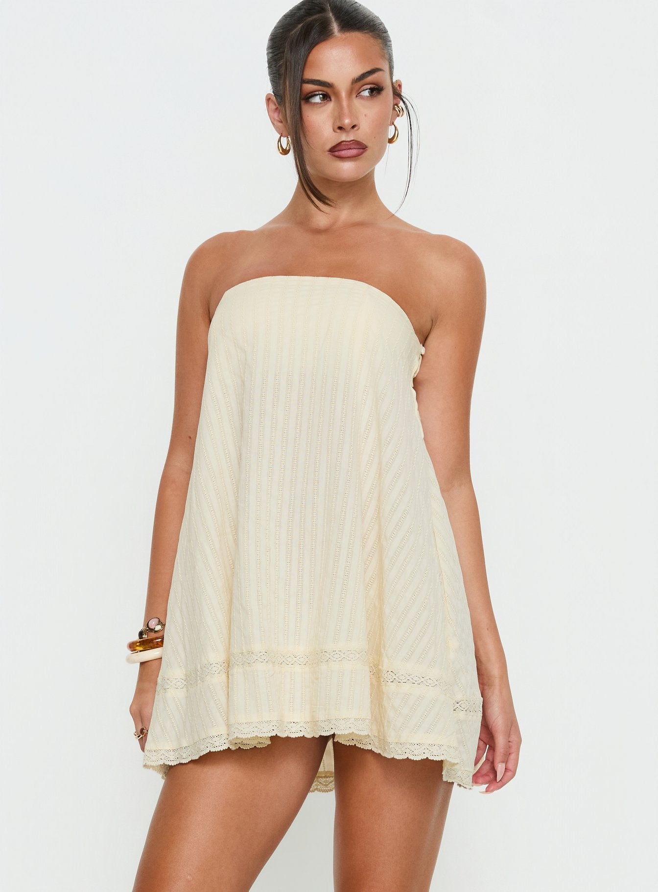 Gypsea Strapless Swing Mini Dress | Butter Yellow | Womens | Princess Polly Lower Impact Gypsea Strapless Swing Mini Dress | Butter Yellow | Womens | Princess Polly Lower Impact
