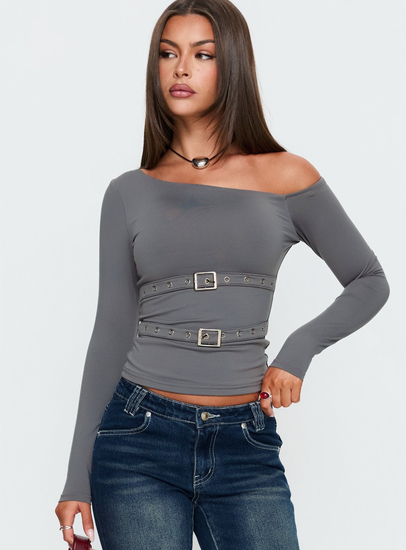 Luisana Buckle Detail One Shoulder Top Dark Grey | Princess Polly