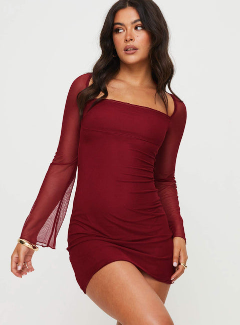 Bilbao Long Sleeve Mini Dress Burgundy | Princess Polly Bilbao Long Sleeve Mini Dress Burgundy | Princess Polly