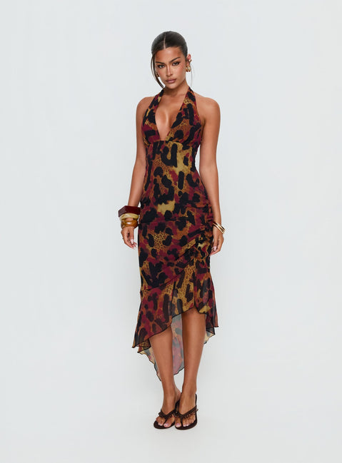 Katriona Halter Asymmetrical Maxi Dress | Leopard Multi | Womens