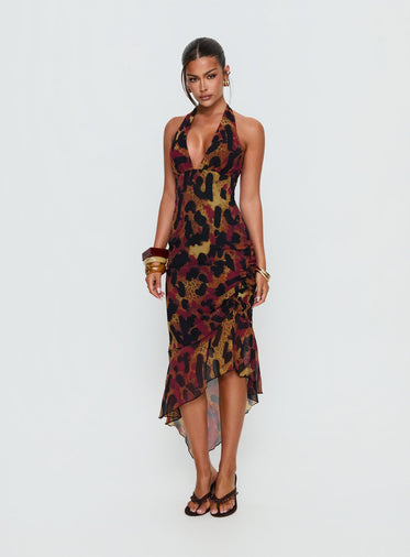slim fit dress slacks Lace-Up Open-Back Leopard-Print Prom Dress with Slit Leopard / 4