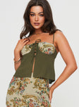 Top Strappy-crop top, bustier style, tapestry design panel on bust  Tie fastening at bust, button fastening at front