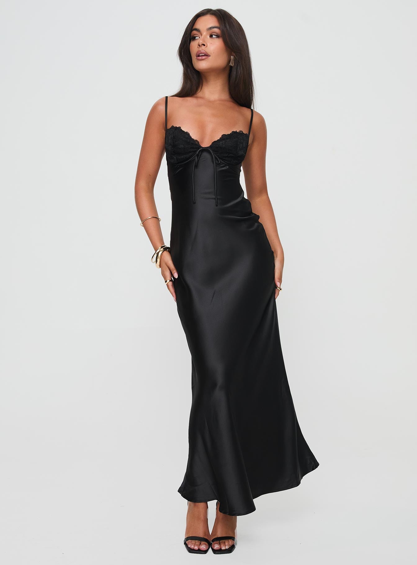 front view of model wearing Princess Polly Fadyen Bias Cut Maxi Dress Black Petite Sweetheart Neckline 