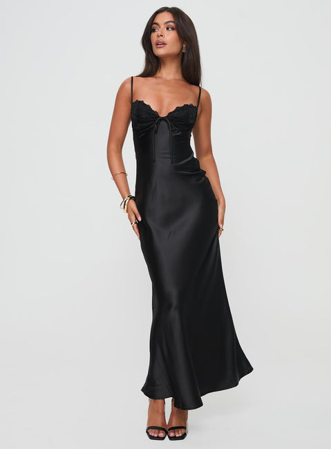 front view of model wearing Princess Polly Fadyen Bias Cut Maxi Dress Black Petite Sweetheart Neckline 