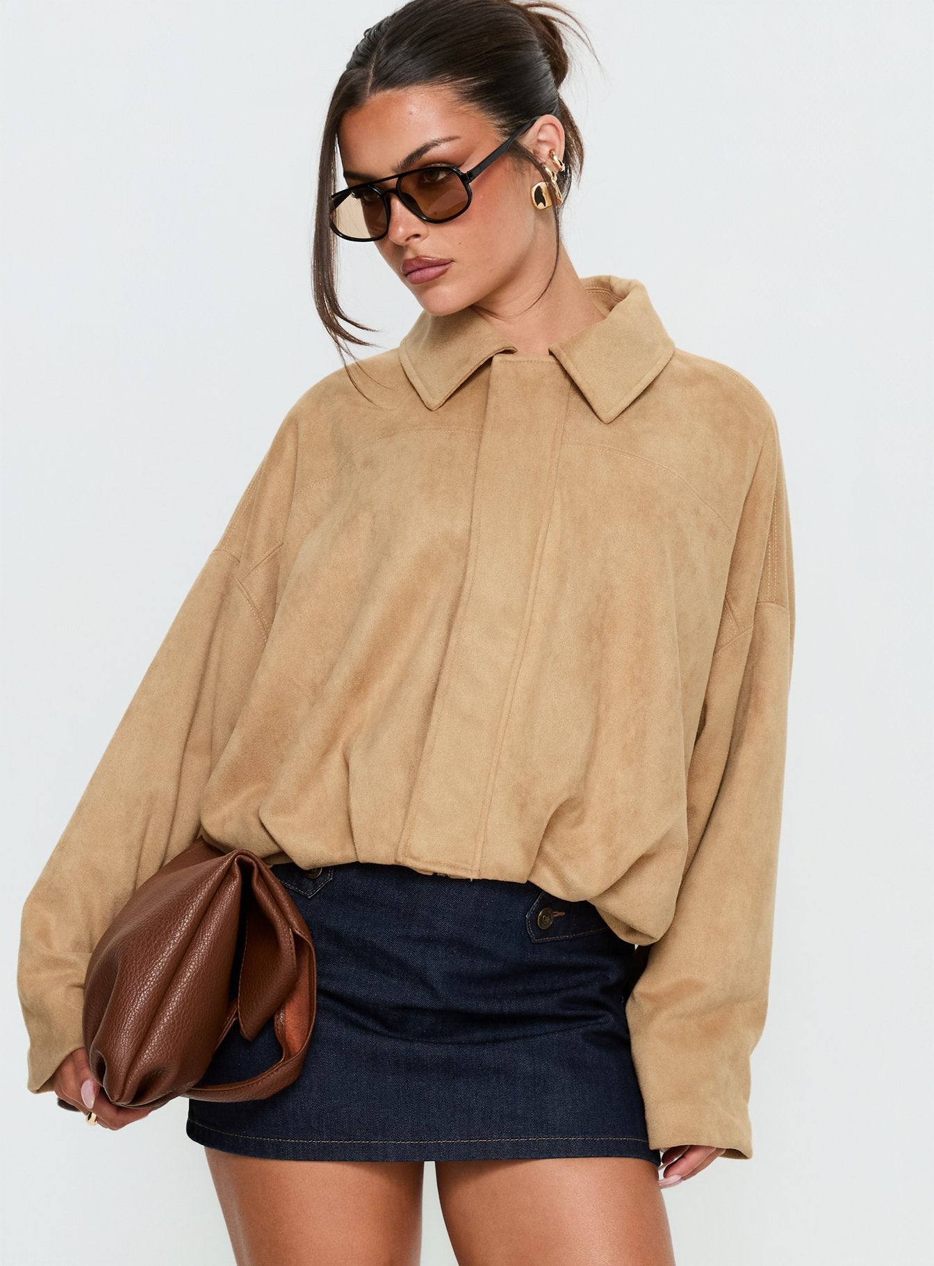 Enlightened Faux Suede Bomber Jacket Beige | Princess Polly