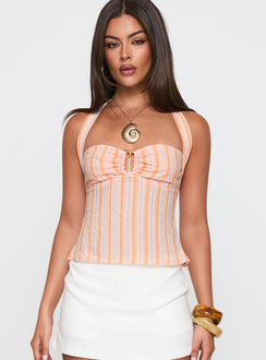 front view of model wearing Princess Polly Isabetta Halter Top Orange Stripe Sleeveless Sweetheart 