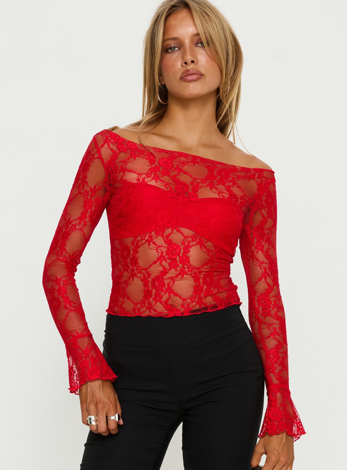 トップス treat urself Lace long sleeve tops Junah Sheer Lace Long Sleeve Top Red | Princess Polly
