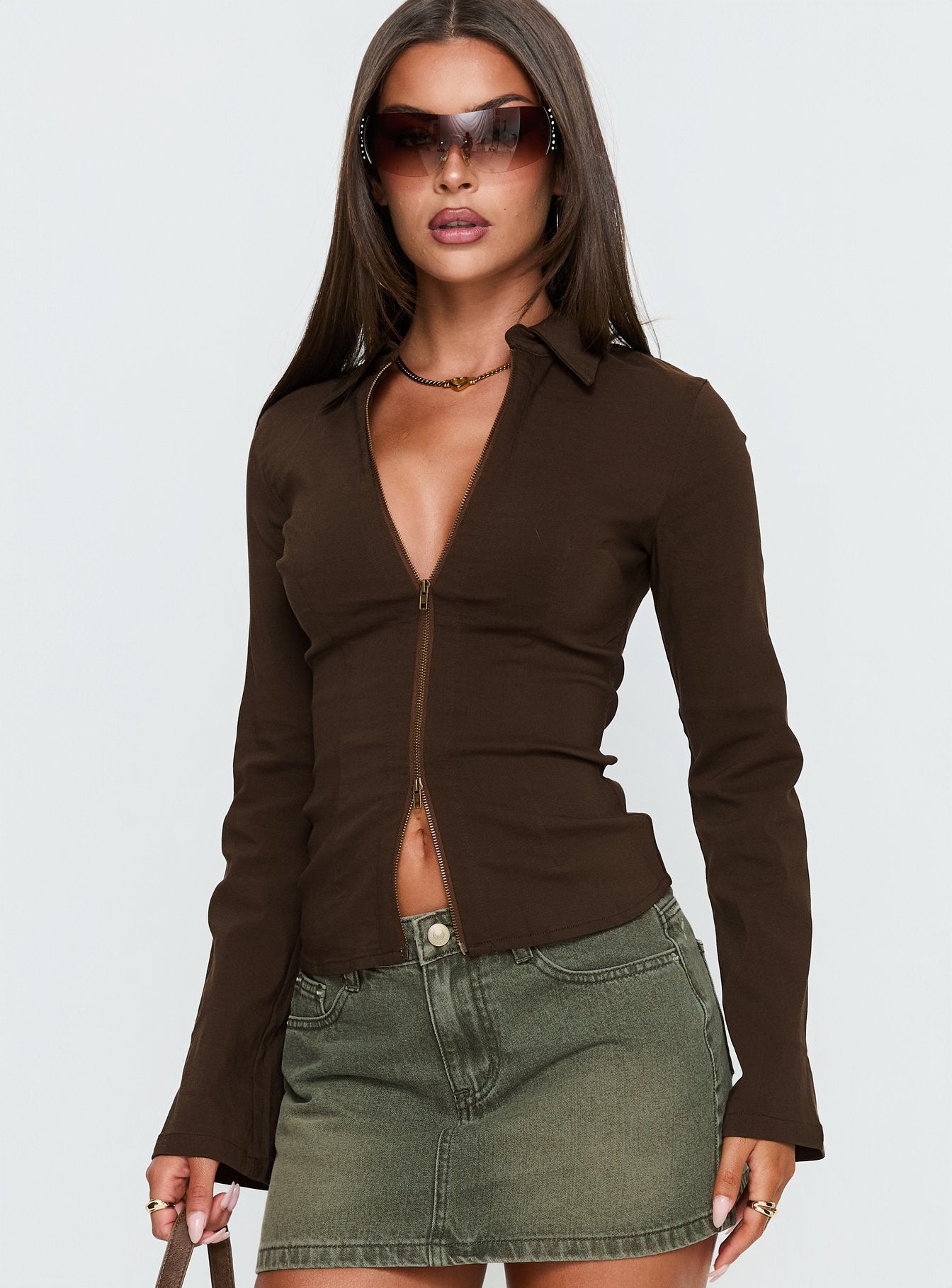 Aviela Zip Up Long Sleeve Top Brown | Princess Polly