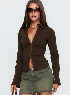 Aviela Zip Up Long Sleeve Top Brown
