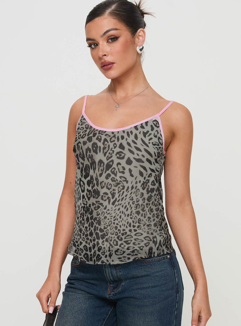 back view of model wearing Princess Polly Serenata Top Leopard Sleeveless Scoop Neck 