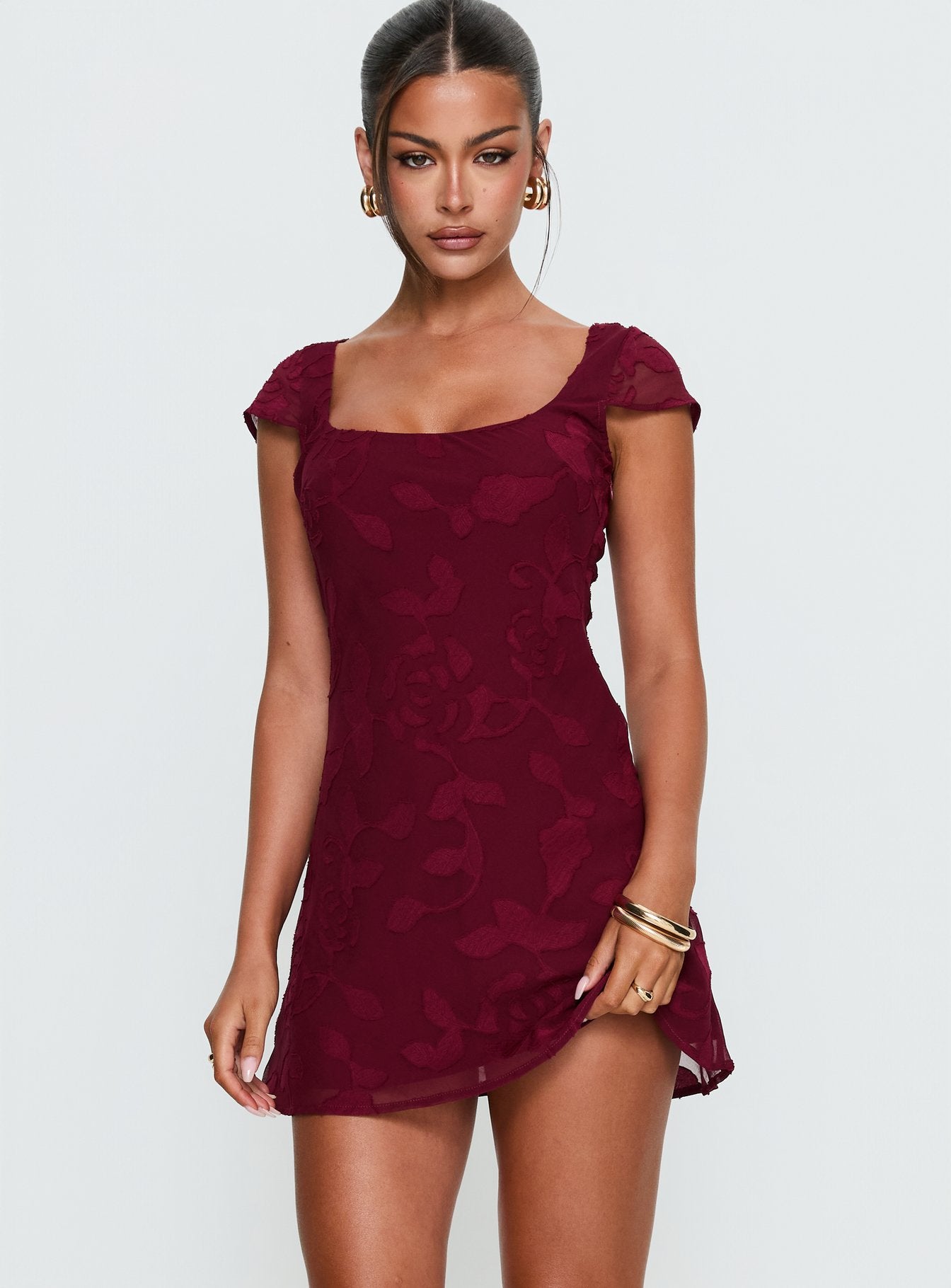 Lucienna Polka Dot Mini Dress Burgundy Floral | Princess Polly Lucienna Polka Dot Mini Dress Burgundy Floral | Princess Polly