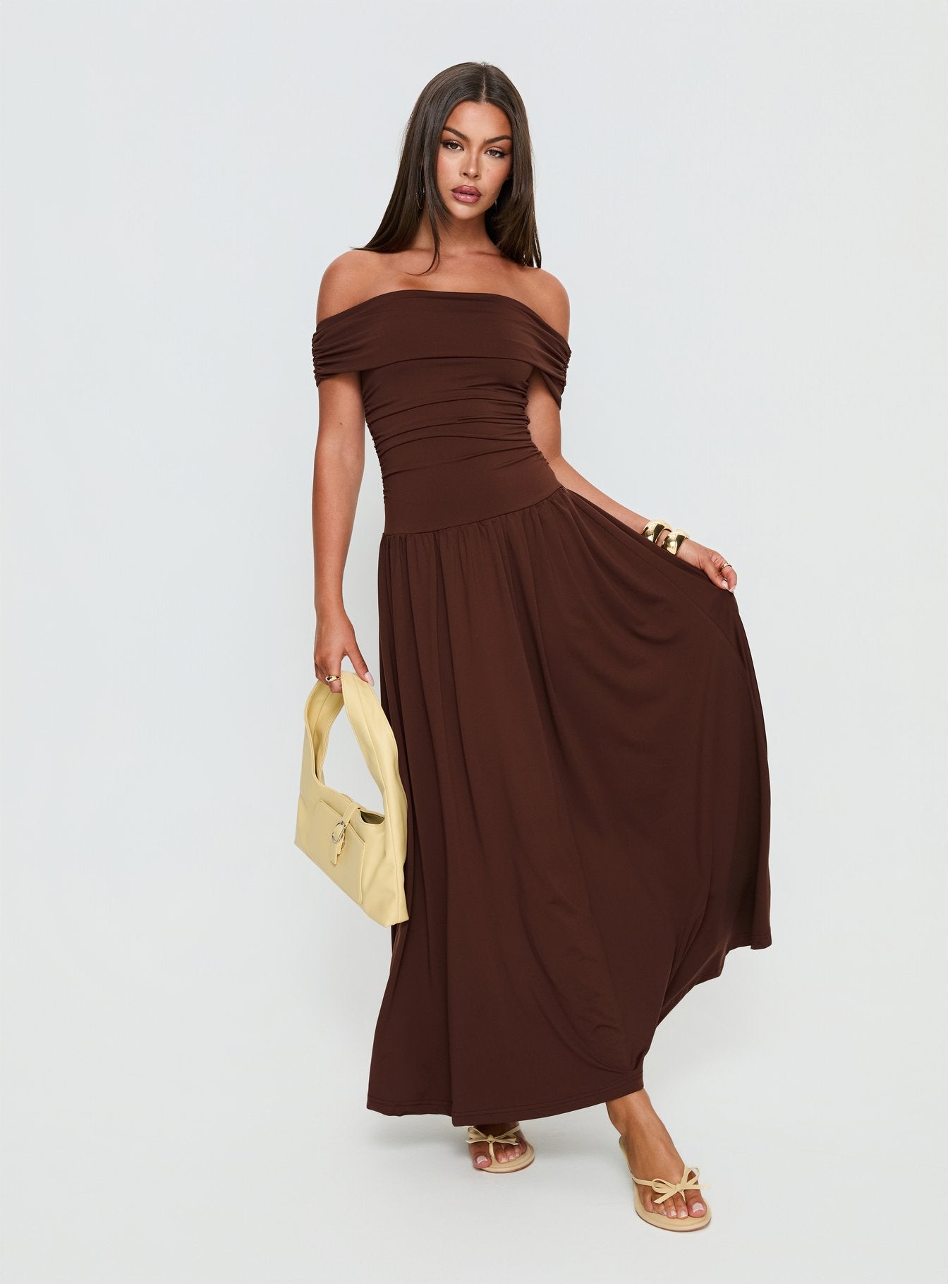 Katalia Off Shoulder Maxi Dress | Chocolate Brown | Womens | Princess Polly Katalia Off Shoulder Maxi Dress | Chocolate Brown | Womens | Princess Polly