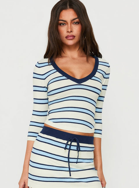 Kissie 3/4 Sleeve Saddle Hem Top Multi Stripe