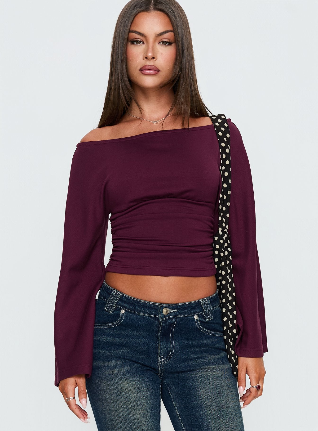 Anastasie Off Shoulder Long Sleeve Top Deep Red | Princess Polly