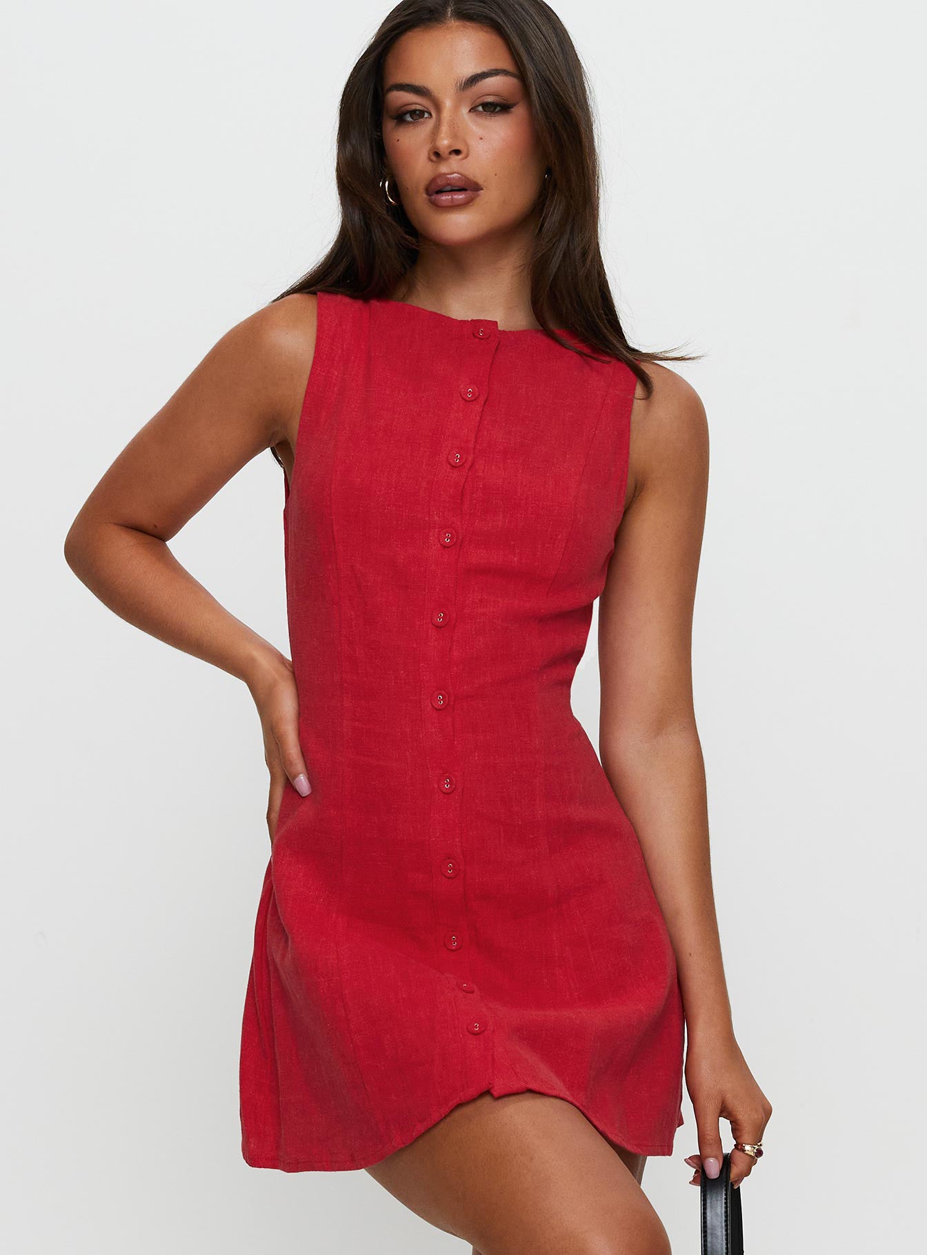Dollie Linen Mini Dress Red | Princess Polly Dollie Linen Mini Dress Red | Princess Polly