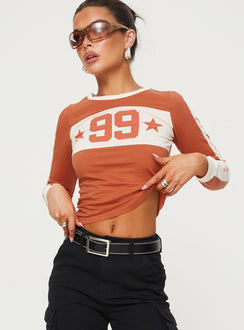 front view of model wearing Princess Polly 99 Roa Long Sleeve Top Orange Full Sleeves Crew Neck 