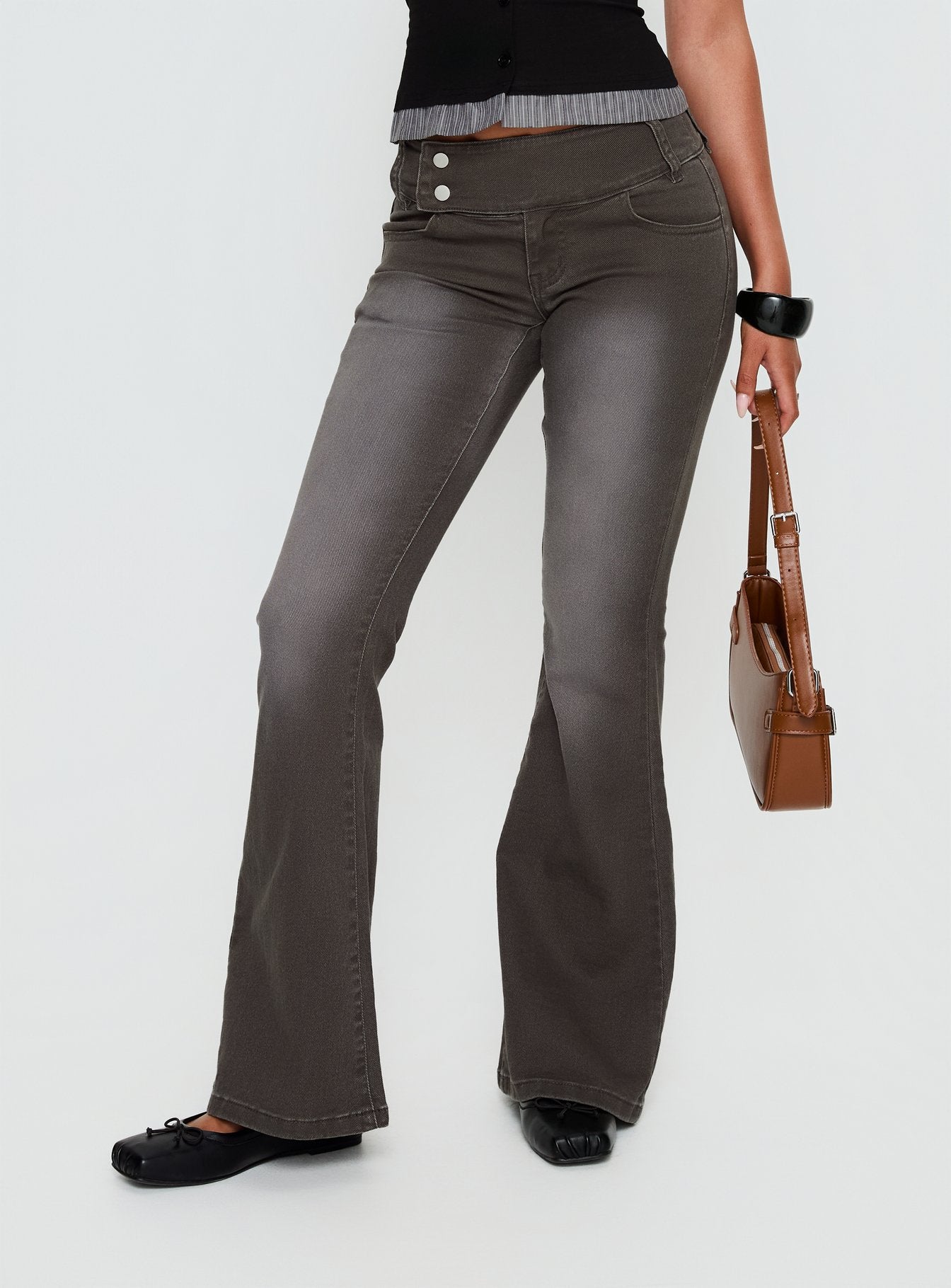 back view of model wearing Princess Polly Romea Low Waist Bootleg Jeans Dark Grey Low Rise Jeans 