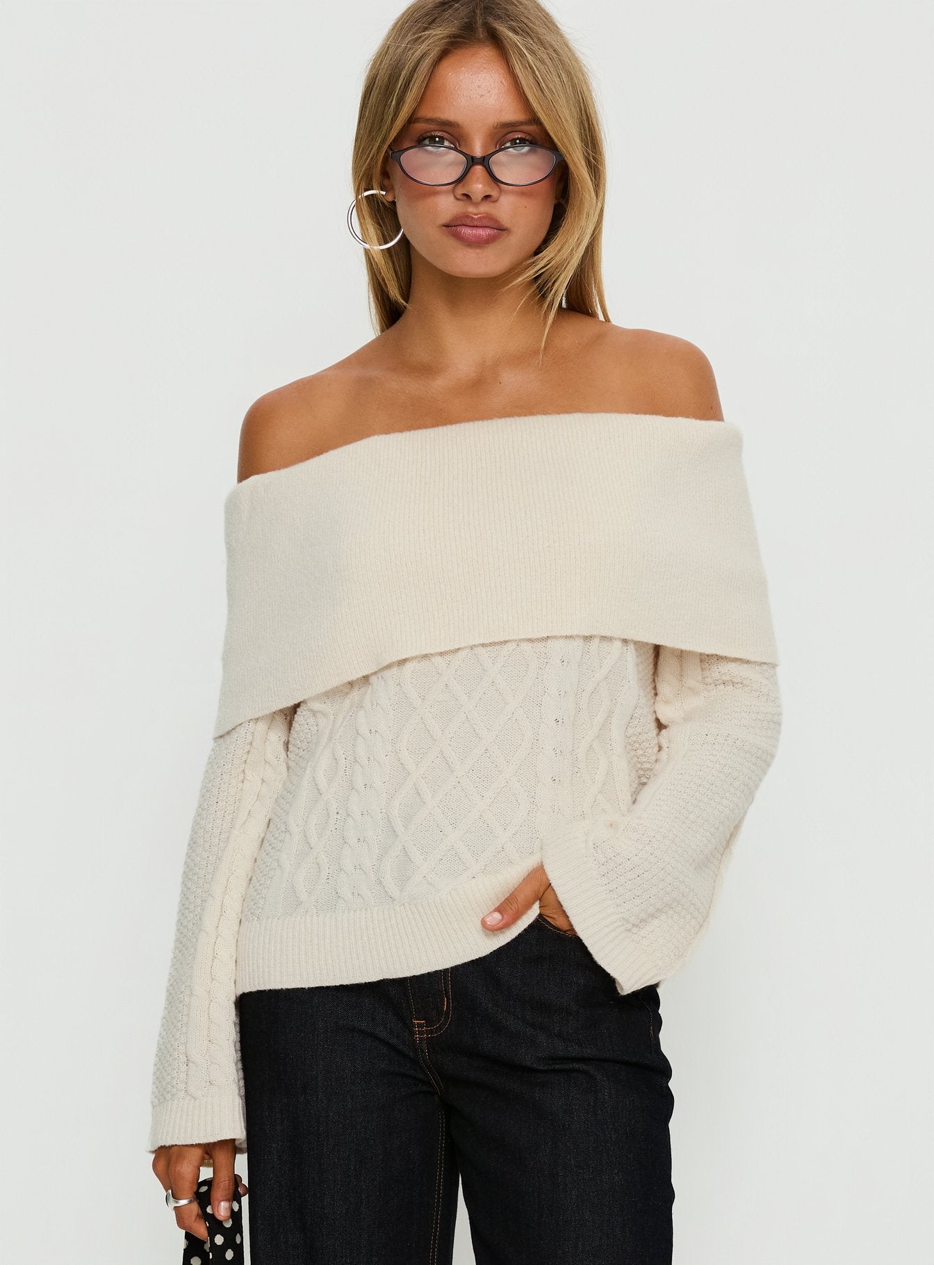 front view of model wearing Princess Polly Margarete Off Shoulder Knit Sweater Cream Longline Jumpers 