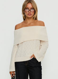 front view of model wearing Princess Polly Margarete Off Shoulder Knit Sweater Cream Longline Jumpers 