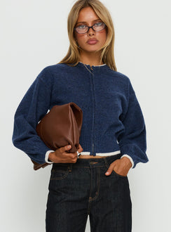 front view of model wearing Princess Polly Amandi Zip Through Knit Jumper Navy / Cream Cropped Jumpers 