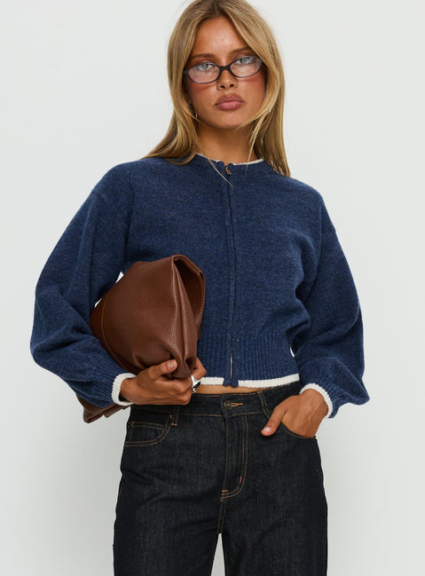 front view of model wearing Princess Polly Amandi Zip Through Knit Jumper Navy / Cream Cropped Jumpers 